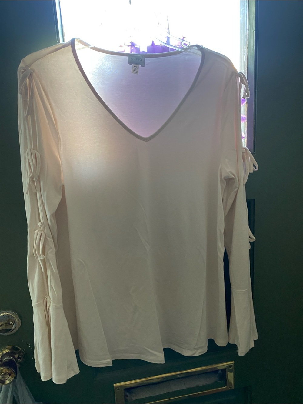 Cupio Light Pink V-Neck Long Sleeve Tie-Detail Top